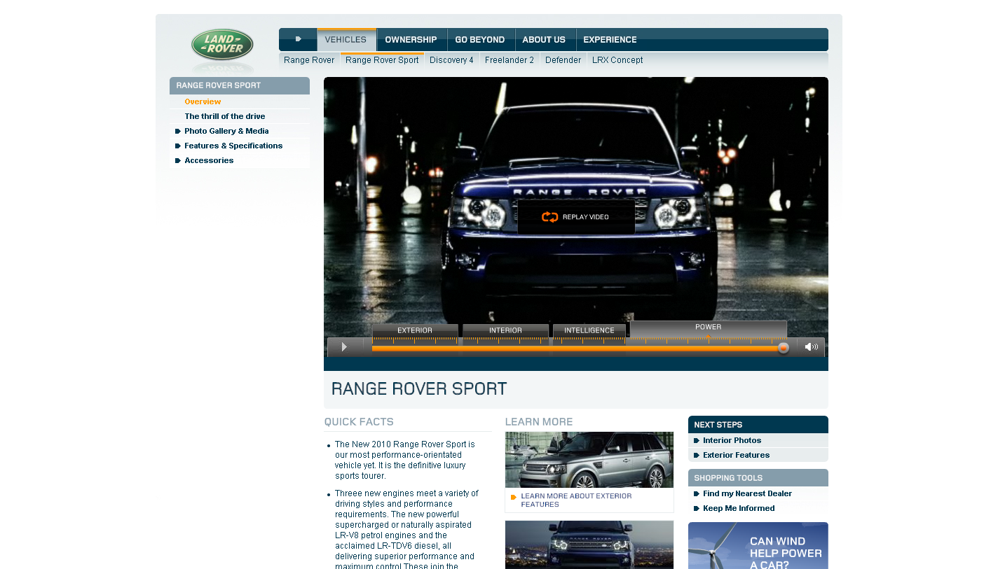 Screenshot of the old Land Rover Range Rover Sport page