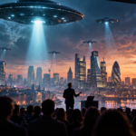 Speaker presenting an alien invasion story to a conference audience, with UFOs hovering over the London skyline.