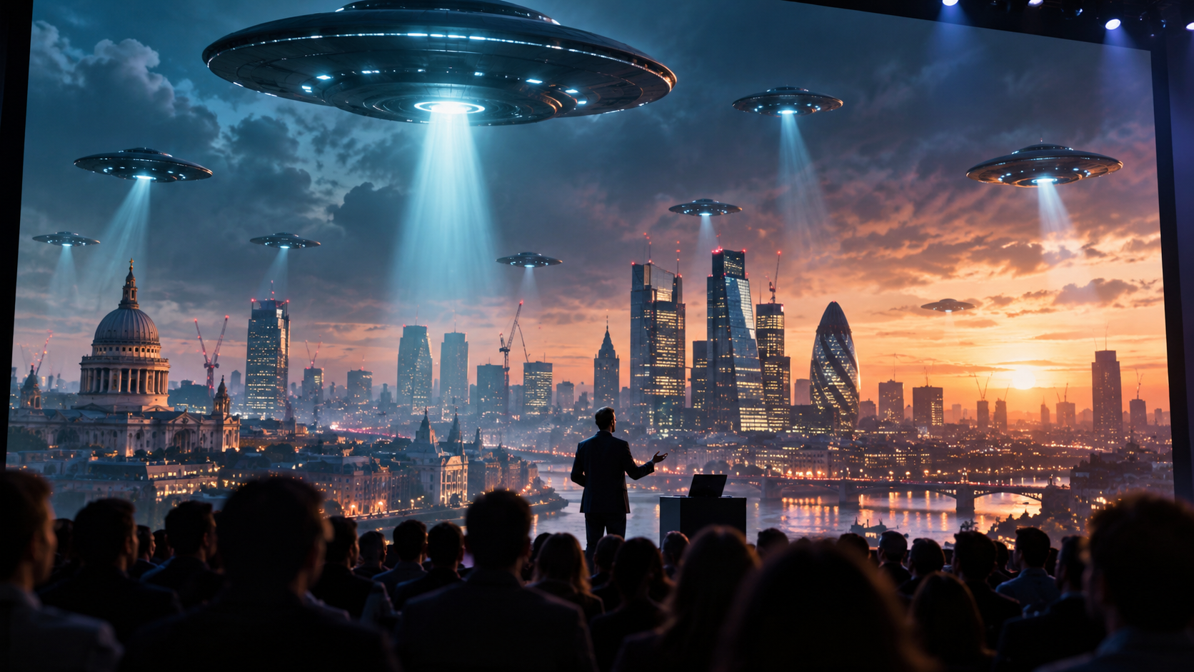 Speaker presenting an alien invasion story to a conference audience, with UFOs hovering over the London skyline.
