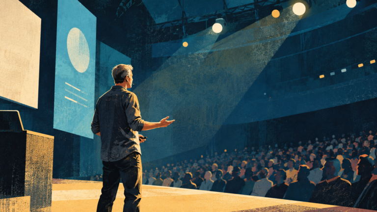 Editorial illustration of a speaker presenting on stage to a large audience at a technology conference.