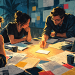 Editorial illustration of four people gathered around a table, focusing on a single idea during a creative workshop.